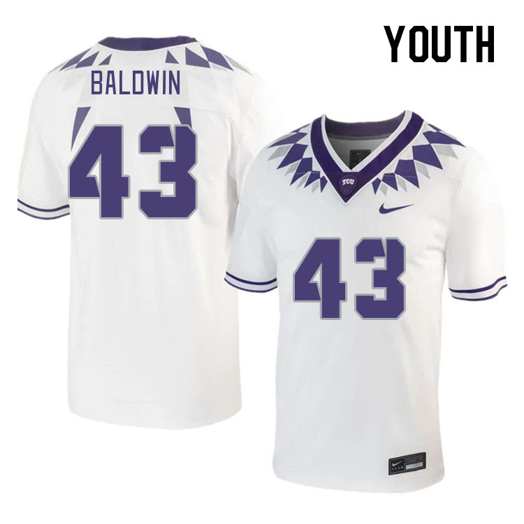 Youth #43 Blake Baldwin TCU Horned Frogs 2023 College Footbal Jerseys Stitched-White - Click Image to Close